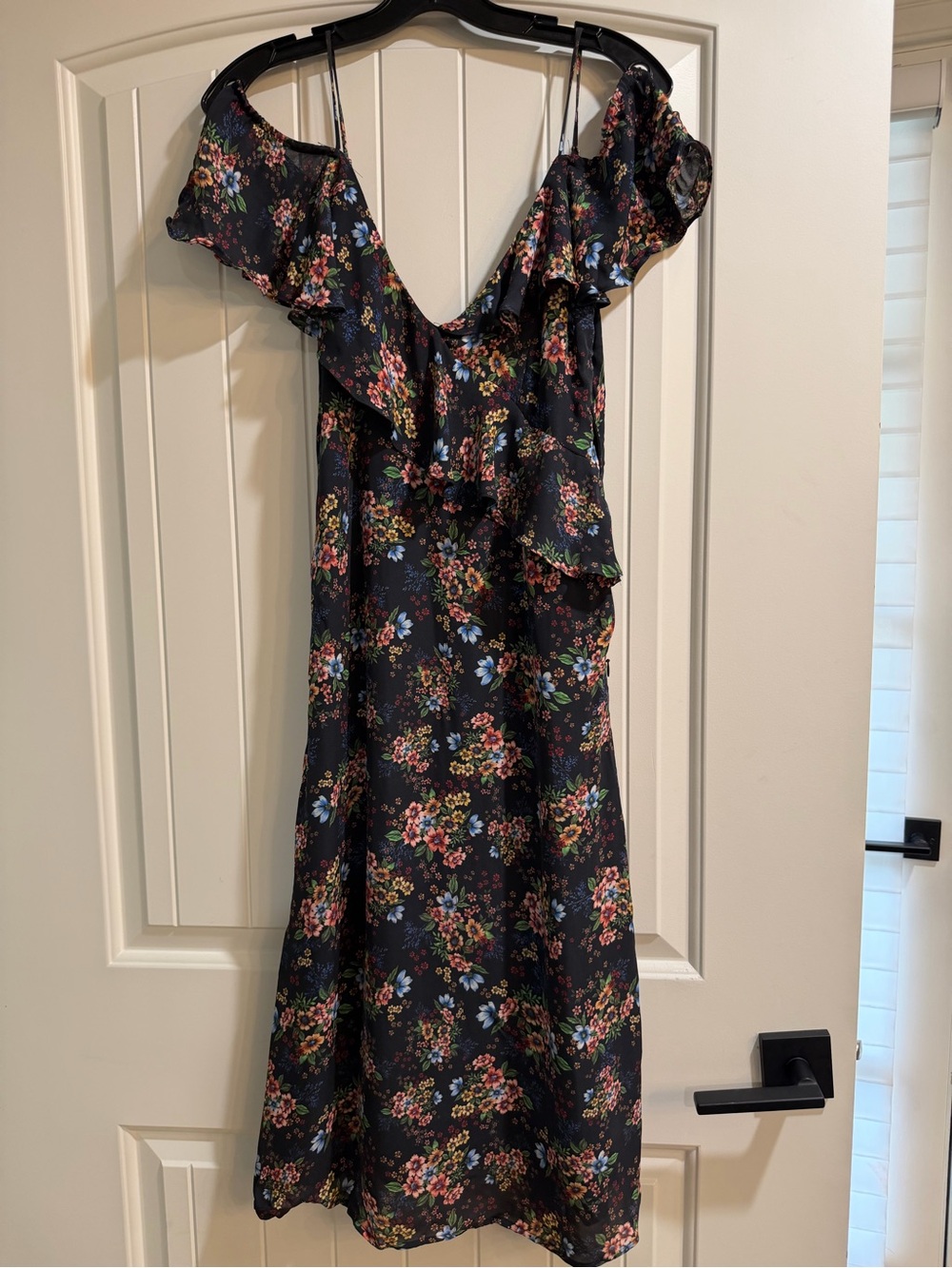 LPA Black Floral Off-Shoulder Ruffle Midi Dress